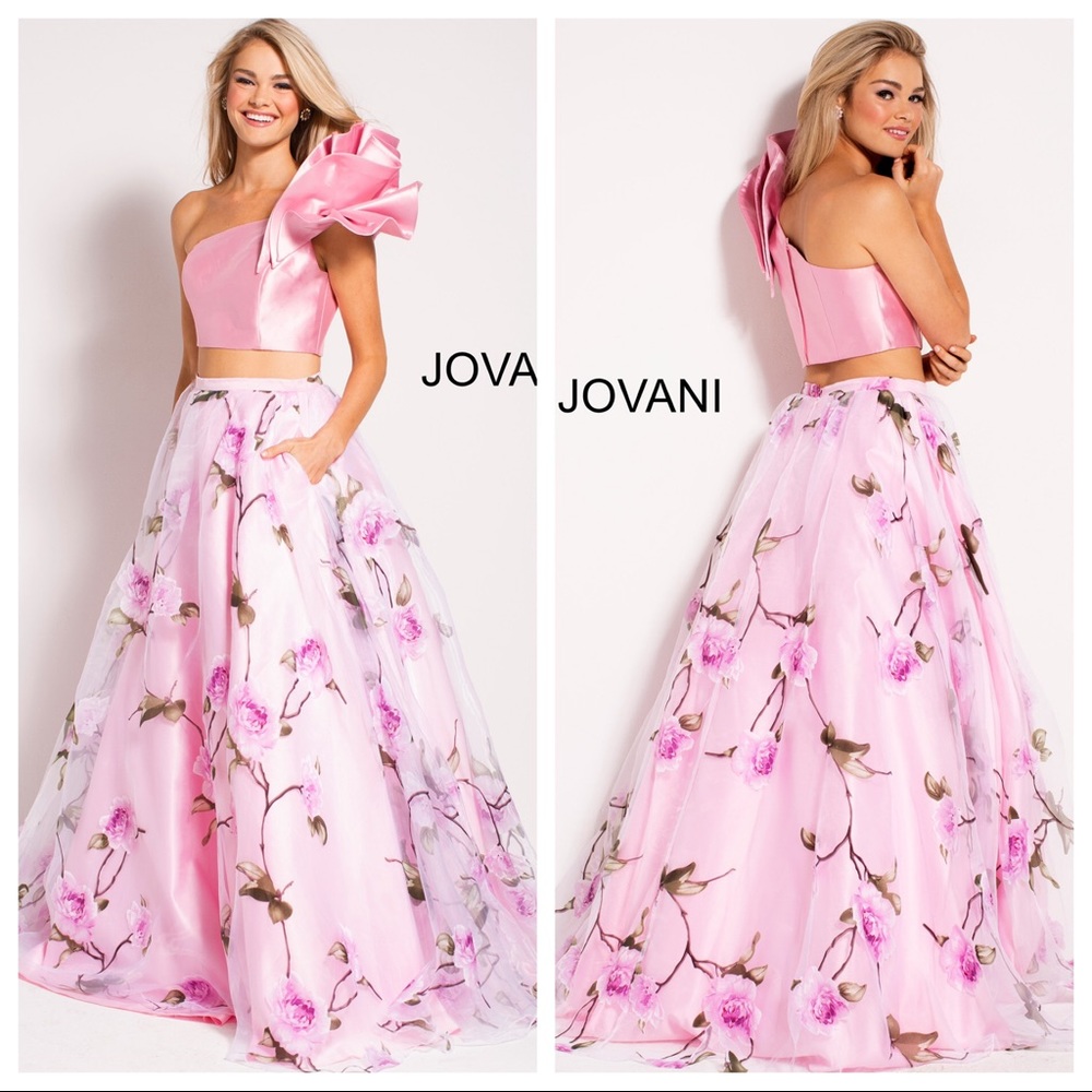 Jovani 2 two piece asymmetrical shoulder detail